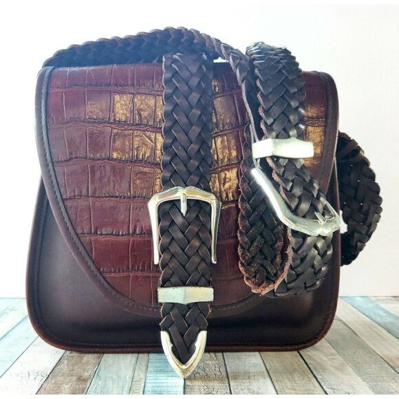 Brighton SADDLE BROWN CROCO GENUINE LEATHER WOVEN STRAP FLAP X-BODY SHOULDER BAG - Picture 1 of 12